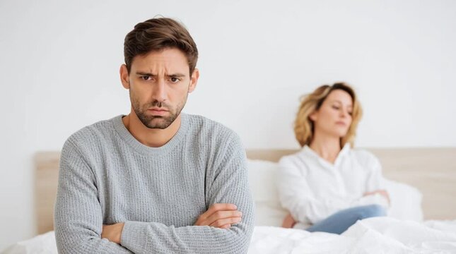 A man in his late thirties is confused, he sighs as he has just had a fiasco in bed. A Caucasian man sits in bed with arms crossed, while his wife is sitting upset on her side of their bedroom