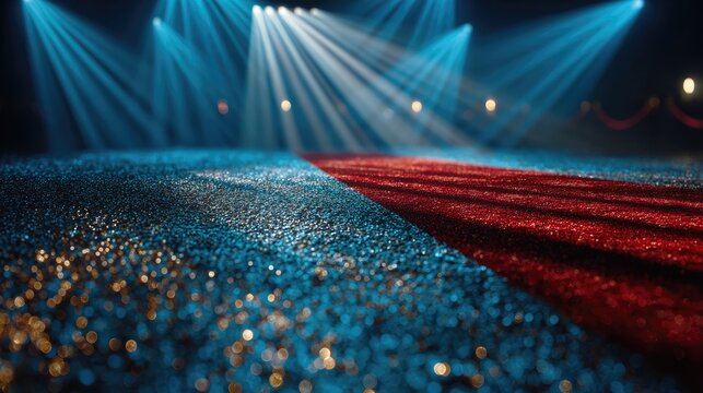 Sparkling Blue and Red Carpet Under Bright Show Lights at Night Event