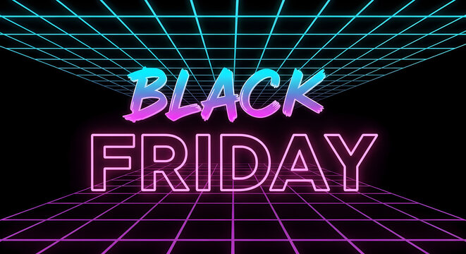 A vibrant graphic with a retro-futuristic design, showing "BLACK FRIDAY" in pink and teal neon against a grid backdrop. online shopping promotions.
 - Powered by Adobe