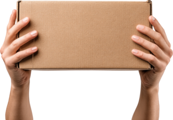 Hands holding a brown cardboard box, ready for delivery or shipping.