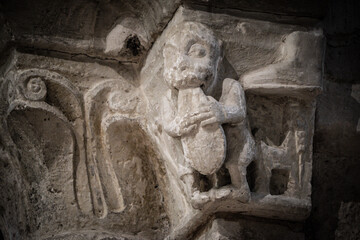 capital of an ogre eating, Pre-Romanesque temple of Santa María de Wamba, 10th century, Montes Torozos region, Valladolid, Castile and Leon, Spain