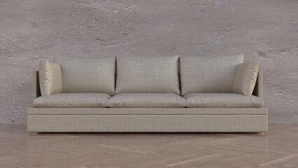 The nature fabric sofa and wall  concept art interior created by 3D modeling empty background.