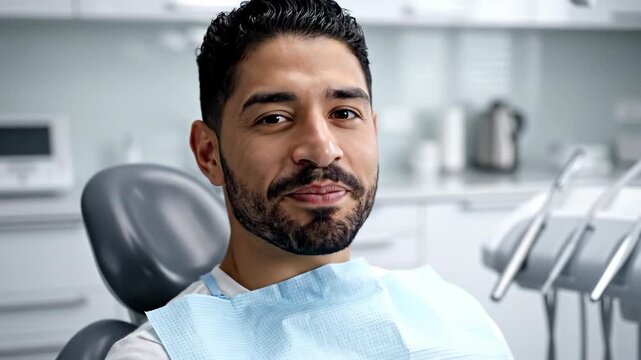 Happy man in dental chair at orthodontic clinic, braces care for healthy smile and oral hygiene treatment footage