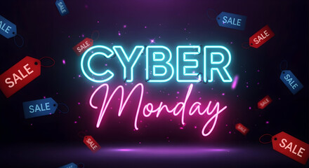 Cyber Monday advertisement. The words "Cyber Monday" are displayed with neon-style lighting and surrounded by "Sale" tags.
