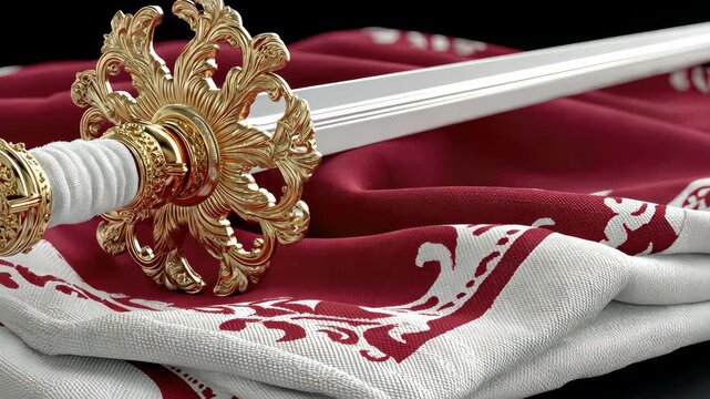 Golden sword resting on an ornate red and white fabric reveals intricate details and craftsmanship