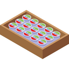 Isometric View Of A Wooden Tray Filled With Sixteen Small Round Containers Of Cheese Products Featuring Red Green And Blue Labeling In A Grid Layout On A Transparent Background