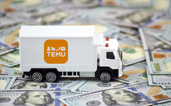 The truck with the emblem TEMU. Trade tariffs and competition.