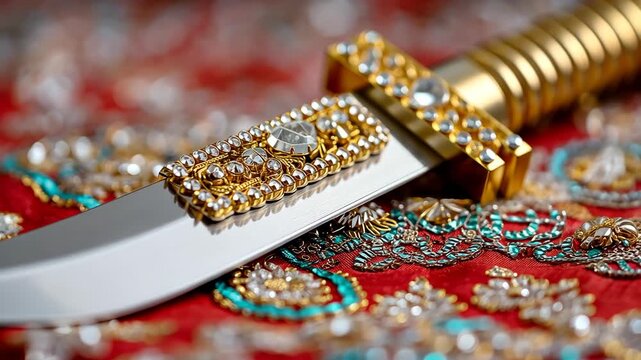 Exquisite golden dagger displayed on ornate fabric at a cultural event highlighting craftsmanship and tradition