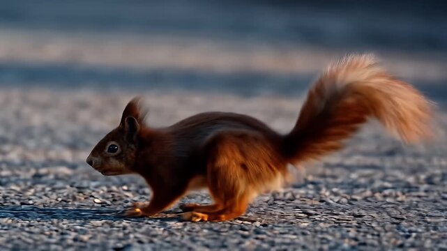 A vibrant red squirrel in motion, captured mid-run across a gravel surface bathed in soft, warm light. Its tail trails gracefully