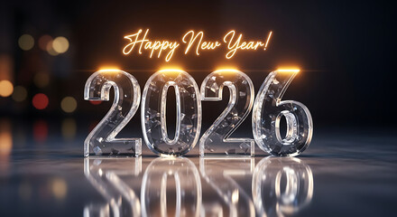 Sparkling 2026 new year celebration with festive bokeh lights and reflections