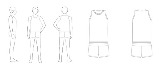 メンズ陸上ユニフォームのテンプレート（ノースリーブ・タンクトップ・ショートパンツ・前・後・横・平面図）Men's Track and Field Uniform Template &ndash; Tank Top and Shorts, Front, Back, Side & Flat Views
