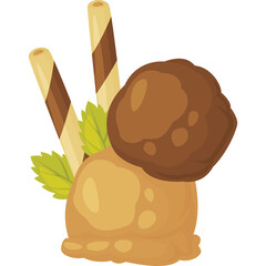 Scoop of Light Brown Ice Cream with Chocolate Topping and Wafer Rolls Garnished with Mint Leaves on Transparent Background