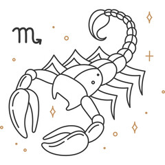 Scorpio Zodiac Symbol Outline Drawing with Sparkle Accents and Celestial Elements on Transparent Background Vector Art