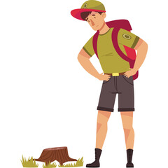 Scout Boy with Backpack Stands Next to Tree Stump in a Green Field with Yellow Accents Under Natural Lighting Looking Down Thoughtfully