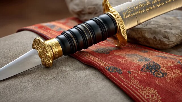 Decorative sword displayed on a vibrant patterned fabric, showcasing intricate designs and craftsmanship in a serene setting