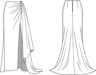 Women’s long skirt fashion illustration, technical flat sketch, front and back view, draped slit design, mermaid silhouette, elegant garment construction drawing