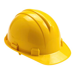 A close-up, isolated view of a yellow hard hat. The plastic helmet is bright and clean