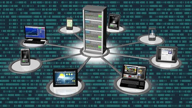 Filmato. Illustrazione 3D. Sfondo mondo digitale. Sequenza di zero e uno concetto di connessione globale tra persone, social network, e dispositivi informatici