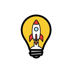 Illustration of a rocket launching from a lightbulb, symbolizing innovation.