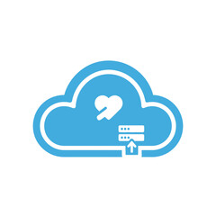 Cloud computing with heart icon, data upload to server, blue and white.