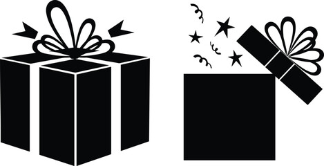 Gift box vector, present icon, surprise package silhouette, celebration gift graphic, holiday wrapped box, festive present illustration, open gift design, birthday surprise art.