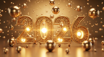 Golden 2024 new year celebration with shiny orbs and glowing lights festive abstract background