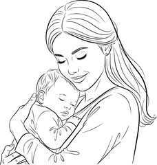 Mother hugging sleeping baby illustration, peaceful mom and child sketch, maternal love drawing, motherhood concept art, family affection portrait