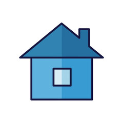 Illustration of a blue house with a chimney and a square window.