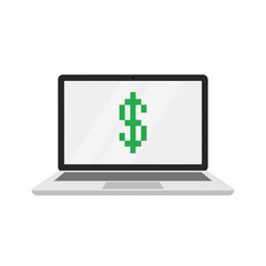 Laptop with a pixelated dollar sign on the screen, symbolizing online earnings.