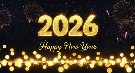 Golden 2026 happy new year text with festive bokeh lights and fireworks