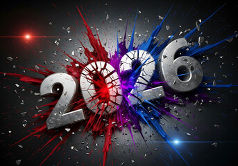 Explosive new year 2026 celebration artwork with colorful splashes and shimmering lights