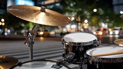 Drummer performs vibrant music on the street at night with city lights in the background - Powered by Adobe