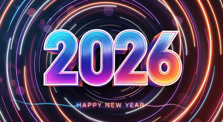 Vibrant 2026 new year celebration with swirling colorful lights and festive text