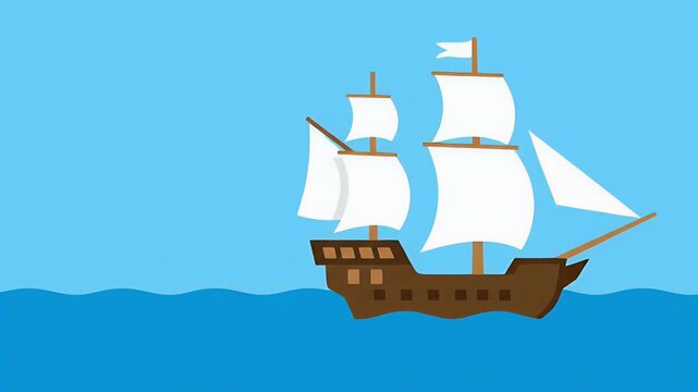 Classic Sailing Ship on Blue Sea - Flat Design Illustration