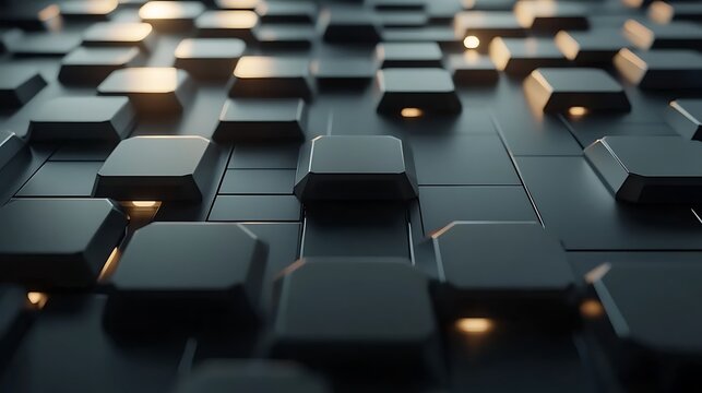 Dark gray abstract cube array with glowing light reflections, geometric futuristic texture