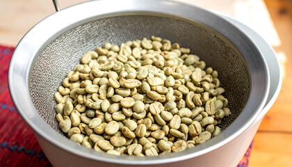 金属ザルにたっぷりと入ったコーヒー生豆の淡い緑と木の温かみが映える日常の一瞬