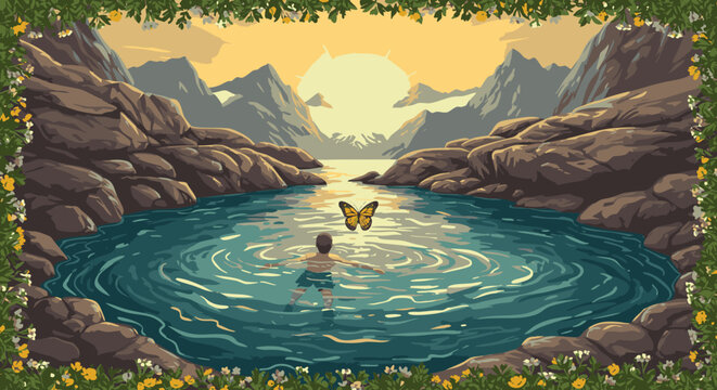 Pixel art A lone swimmer in a tranquil lake observes a butterfly under a sunrise, surrounded by mountains and wildflowers, evoking peace and nostalgic digital beauty