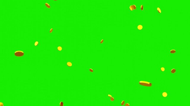 Falling Treasure Looping Coin Pattern. Coin Rain with Alpha Channel. Gold Coins Exploding Isolated on Green Screen 3D. Business and Currency Concept Gold Coin Spinning in the Air Overlay Animation.