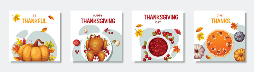 Thanksgiving greeting cards set . Vector illustration. Celebration quotes Happy Thanksgiving for postcards.