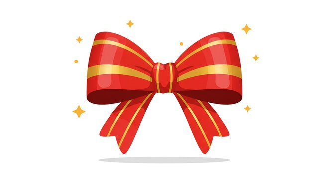 A red festive bow with golden stripes and sparkly decorations, flat design, illustration.