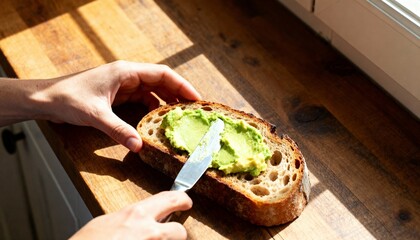 Close-up of hand spreading avocado mash on sourdough bread slice on wooden surface