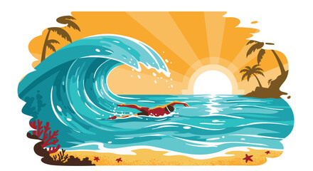 Vibrant illustration of a swimmer navigating a large ocean wave under a bright sunset with palm trees on the shore, evoking a sense of adventure and summer vacation