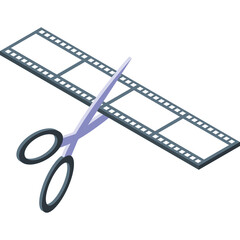 Silver Scissors Cutting a Strip of Film Reel on a White Isolated Background for Editing and Post Production Concept