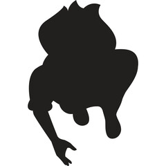 Silhouette of a young boy crouching and holding a smartphone and camera in a playful pose with a transparent background for creative use