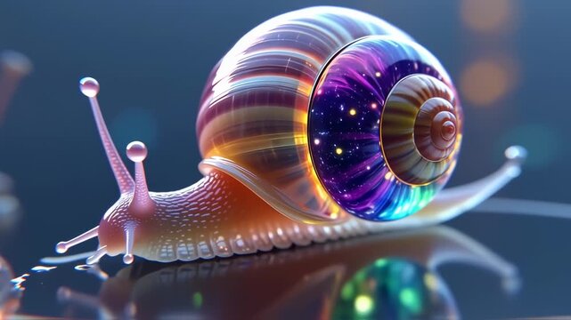A vibrant, stylized snail with an iridescent shell and cosmic patterns, on reflective surface