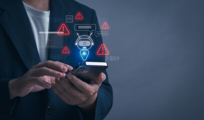 Businessman using smartphone with warning signs and AI chatbot icon, symbolizing mobile chatbot...
