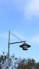 Modern street lamp captured against a bright blue sky with tree branches below.