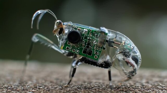 Macro shot reveals a robotic insect with a clear exoskeleton showcasing internal electronics