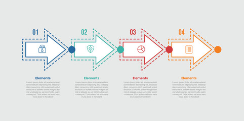 4 elements infographic comparison diagram with simple arrow with dot line accessories on horizontal right direction with 4 step for slide presentation
