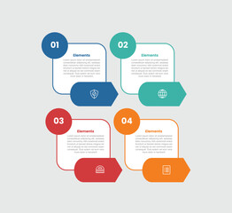 4 elements infographic comparison diagram with round rectangle with circle badge and arrow box on bottom with 4 step for slide presentation